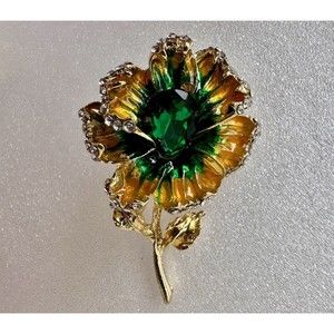 Green Enamel Flower Brooch Crystal Wedding Banquet Fashion Easter Spring Pin